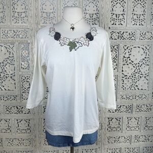 Vtg Shenanigans Cream Leaf Fall Theme 3/4 Sleeve Grannycore Womens Top Sz Medium